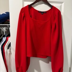 HYFVE Red Puff Sleeve Cropped Knit Top | Square Neck | Size M